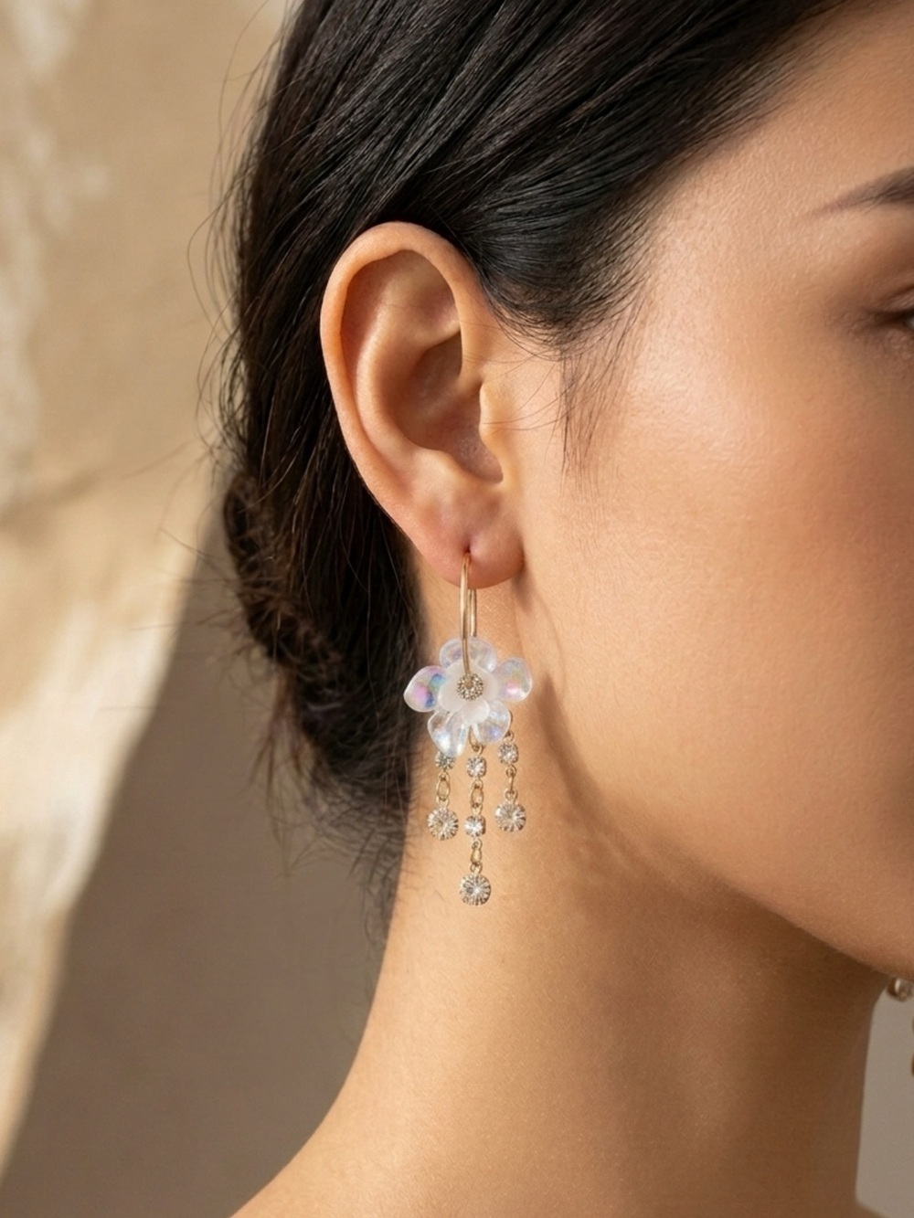 Soft White Flower Drop Earrings with Rhinestone Dangles Gold Tone